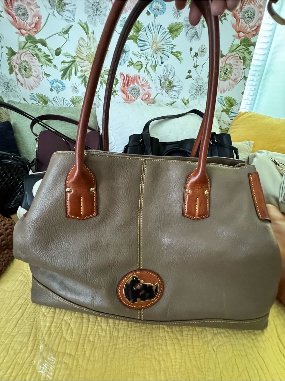 Dooney & Bourke Taupe Leather Shoulder Bag with Brown Trim